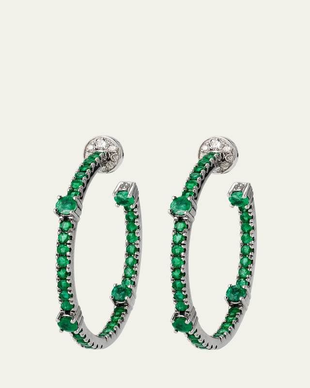 18K White Gold Hoop Earrings with Diamonds and Emeralds